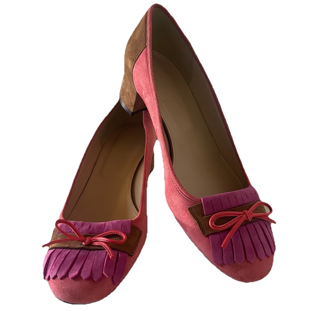 J.Crew Kate Block Heel Pumps Women's 7 Suede Italy Almond Toe Fringe Bow Ballet